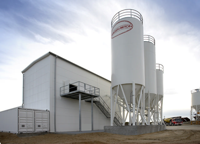 Concrete plant with 3 filling hoppers at  Skagen Beton in Denmark.