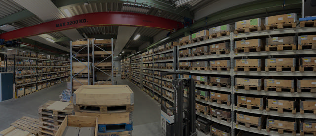 Wide angle shot of Haarup´s vast inventory of spare and wear parts.